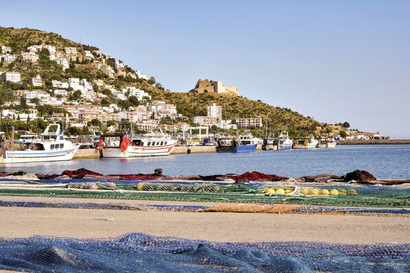 A coastal town with boats docked at a marina, a hill with buildings, and a castle-like structure on top.