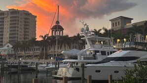 A marina with yachts docked, a building with a dome, and palm trees.