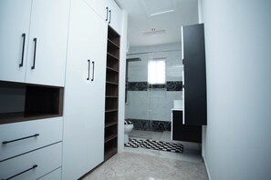 Hair dryer, towels, soap, toilet paper