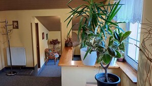 Un couloir avec un radiateur, un plancher en bois, un coin repas avec des chaises et une table, et des plantes en pot.