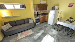 A compact living space with a sofa, a dining table, a kitchen area with a stove and refrigerator, and a window with curtains.