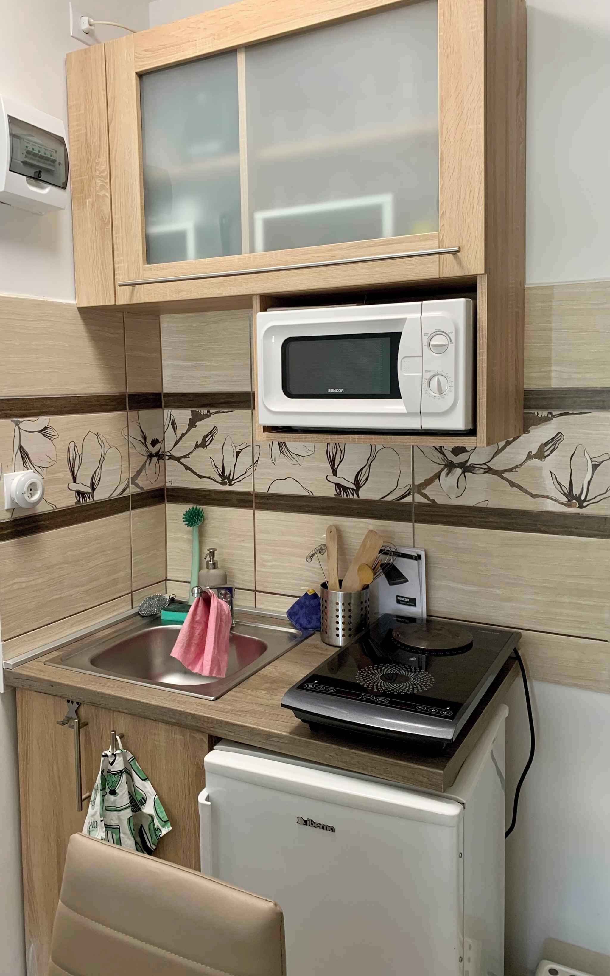 Fridge, microwave, stovetop, coffee/tea maker