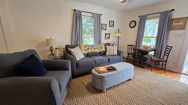 Smart TV, fireplace, DVD player, books