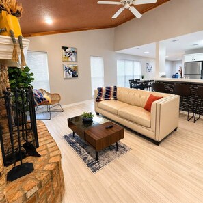Smart TV, fireplace, books