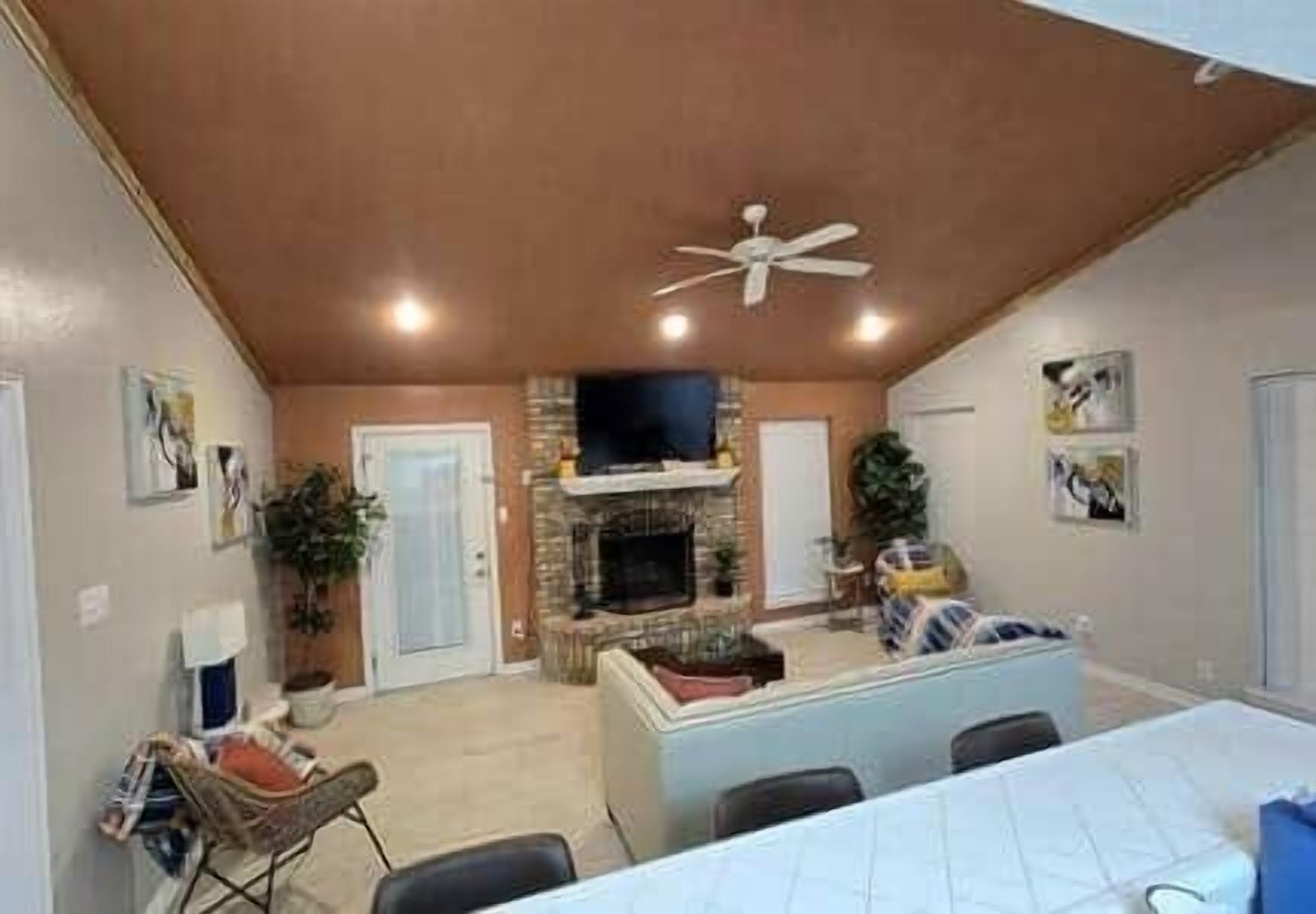 Smart TV, fireplace, books