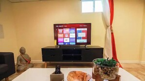 A living room with a flat-screen TV on a stand, a Buddha statue, a remote control holder, a decorative bowl, and a glass terrarium with plants. - Arlington | Lower Suite | Center | Efficiency (Arlington)