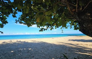 Ein Strand mit klarem, blauem Wasser und einem sandigen Ufer.