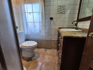 Chuveiro, secador de cabelo, toalhas de banho