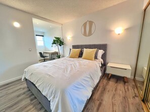 1 bedroom, desk, iron/ironing board, travel cot