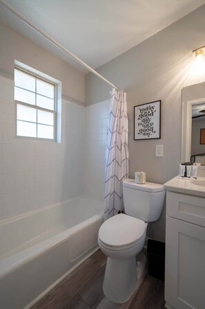 Shower, free toiletries, hair dryer, towels