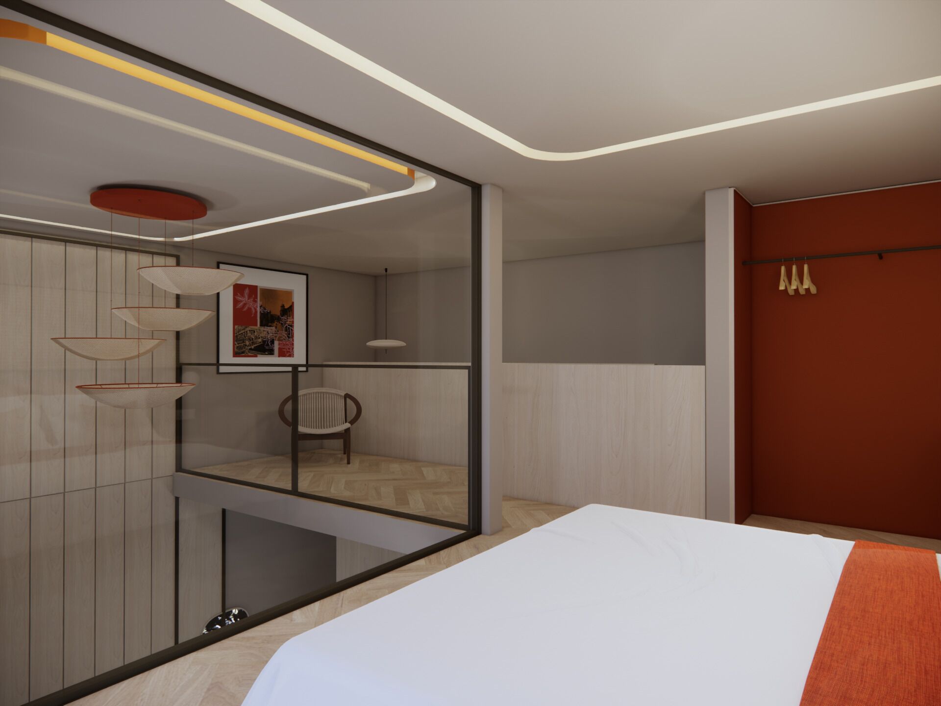 A modern bedroom with a bed, a chair, a mirror, and a wardrobe.