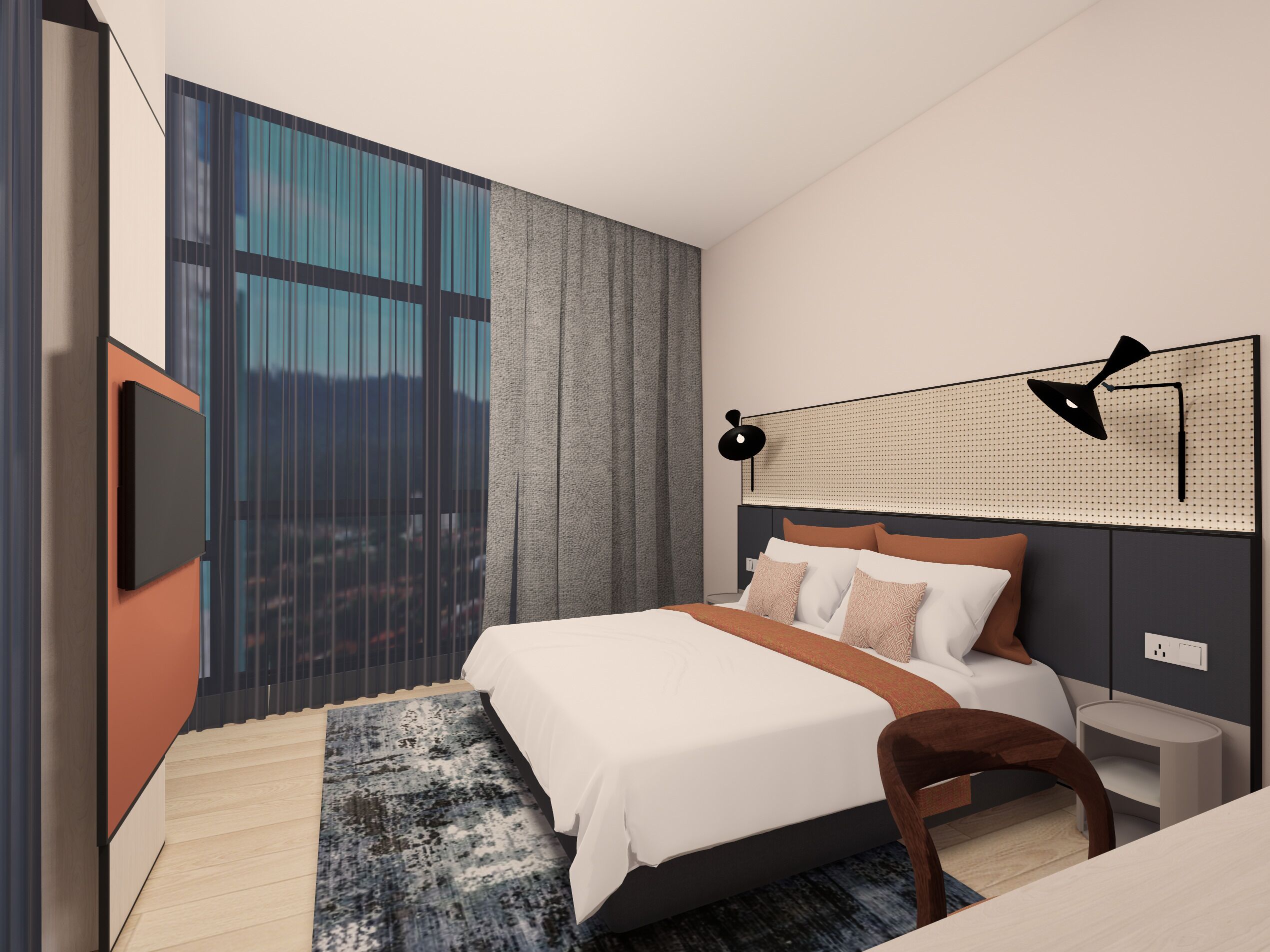 Ein modernes Schlafzimmer mit einem großen Bett, einem Kopfteil mit einer Leuchte, einem Nachttisch und Blick auf eine Stadtkulisse durch große Fenster.