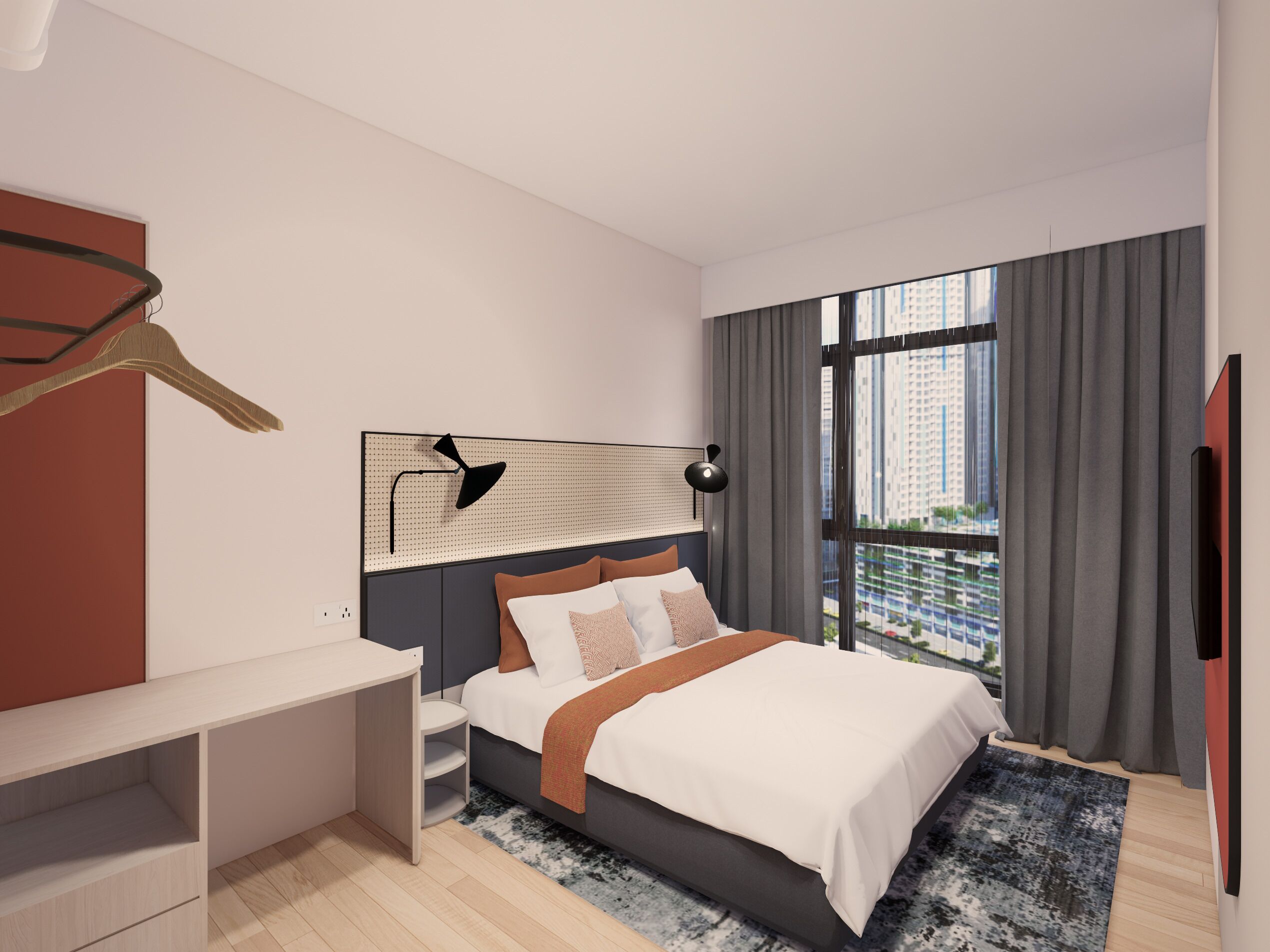 A modern bedroom with a bed, bedside tables, a desk, and a large window with curtains.