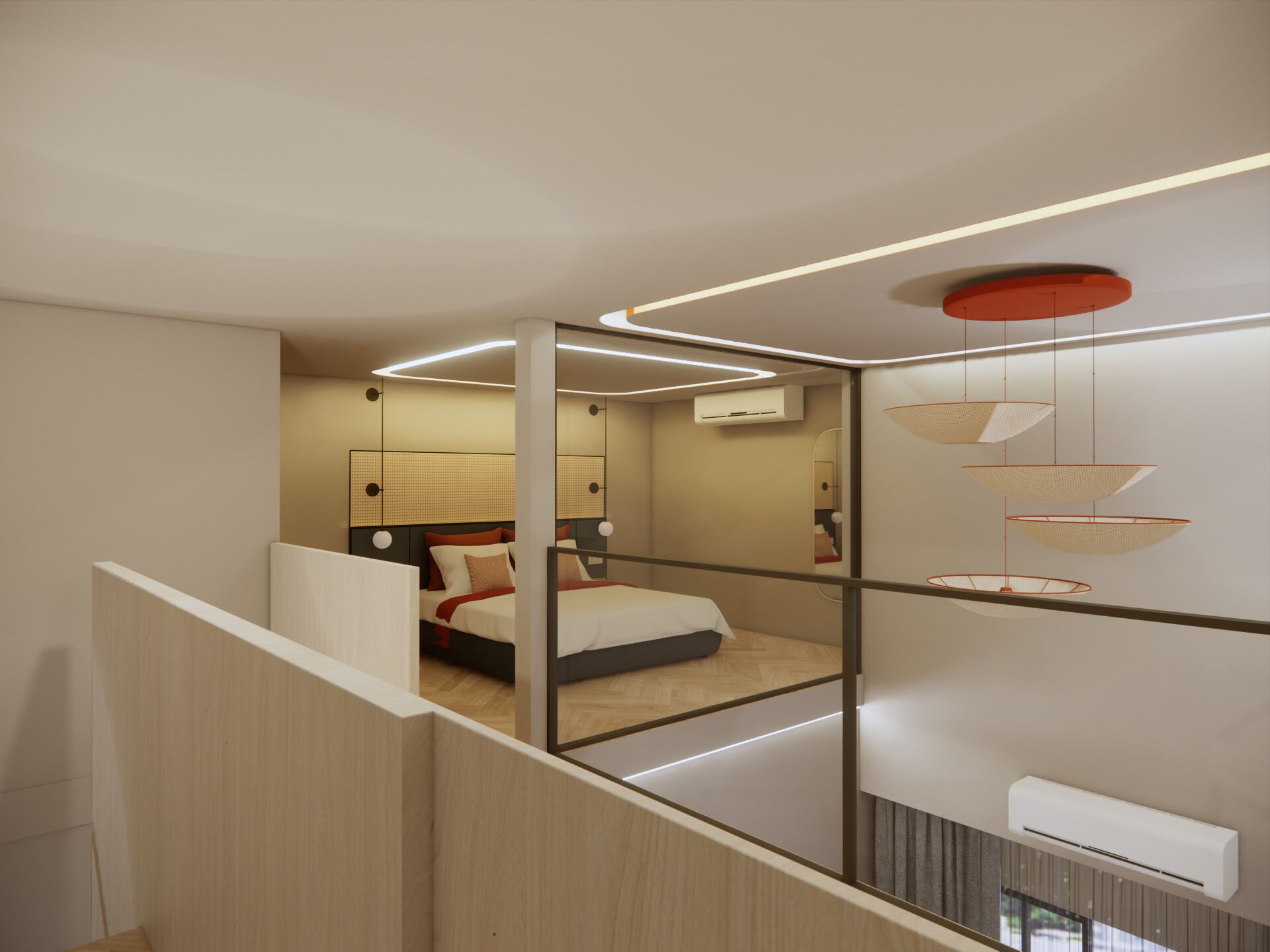 A modern hotel room with a bed, a desk, and a balcony.