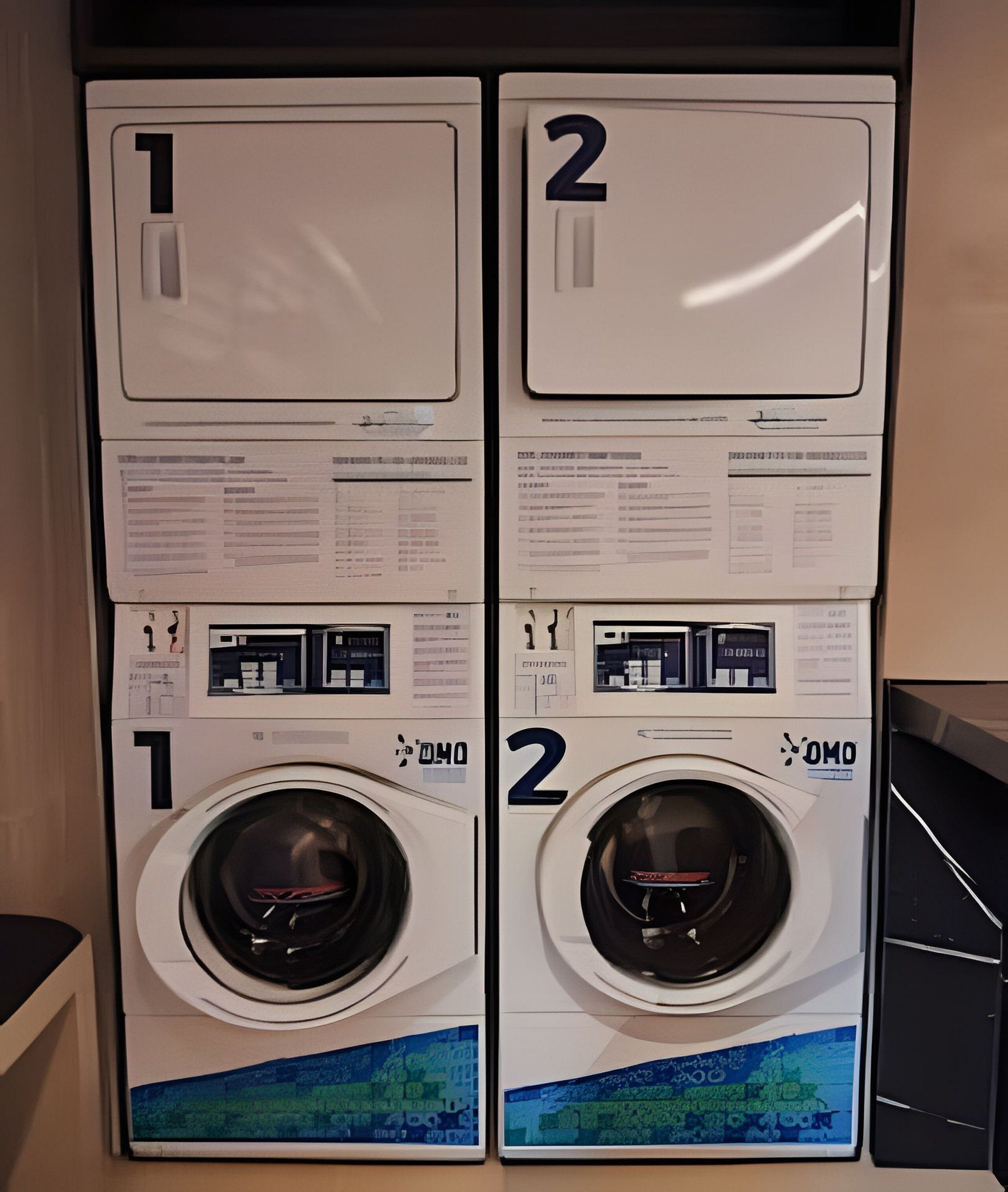Two wall-mounted washing machines with control panels and user manuals.