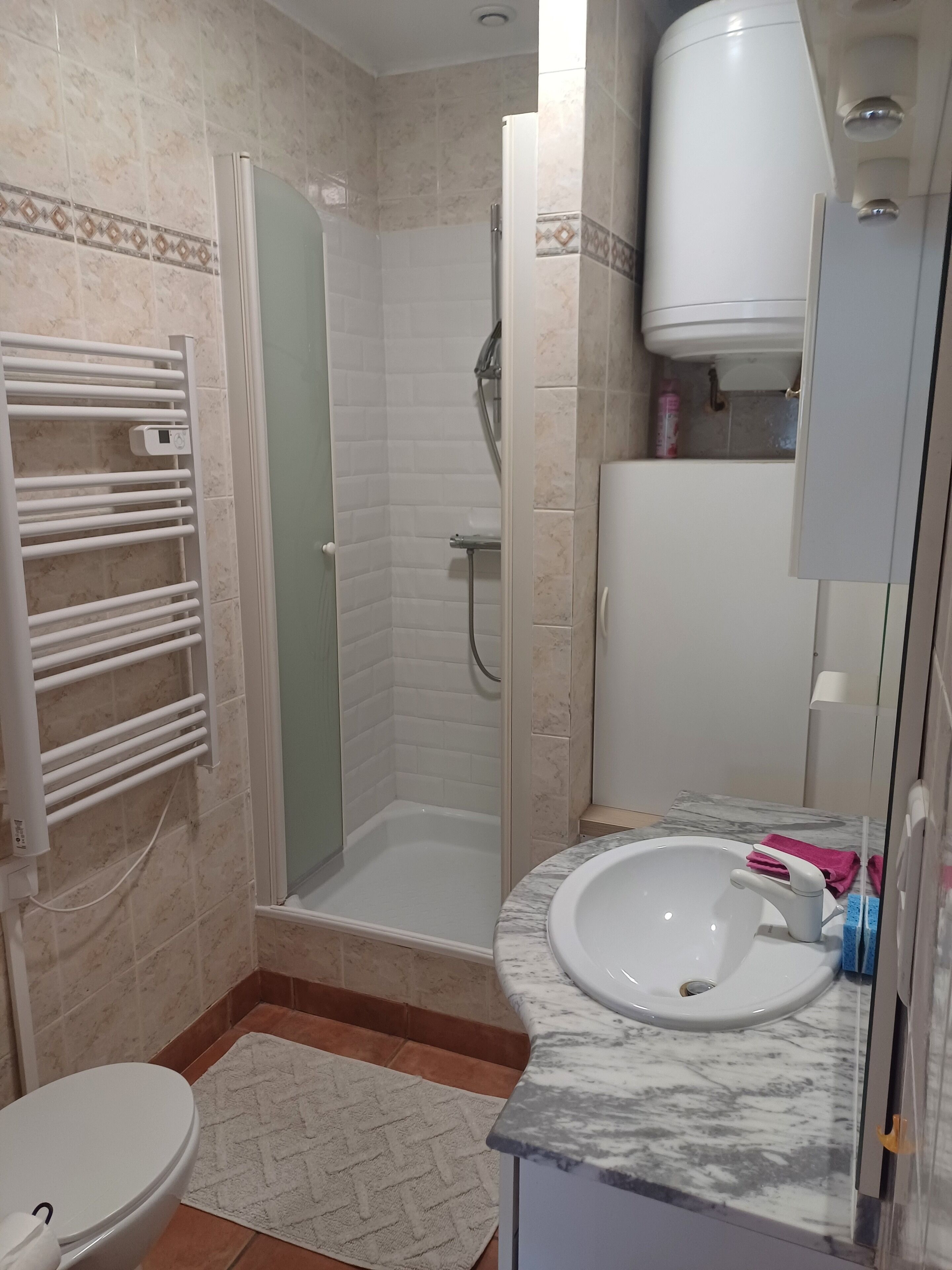 A bathroom with a shower, toilet, and sink.