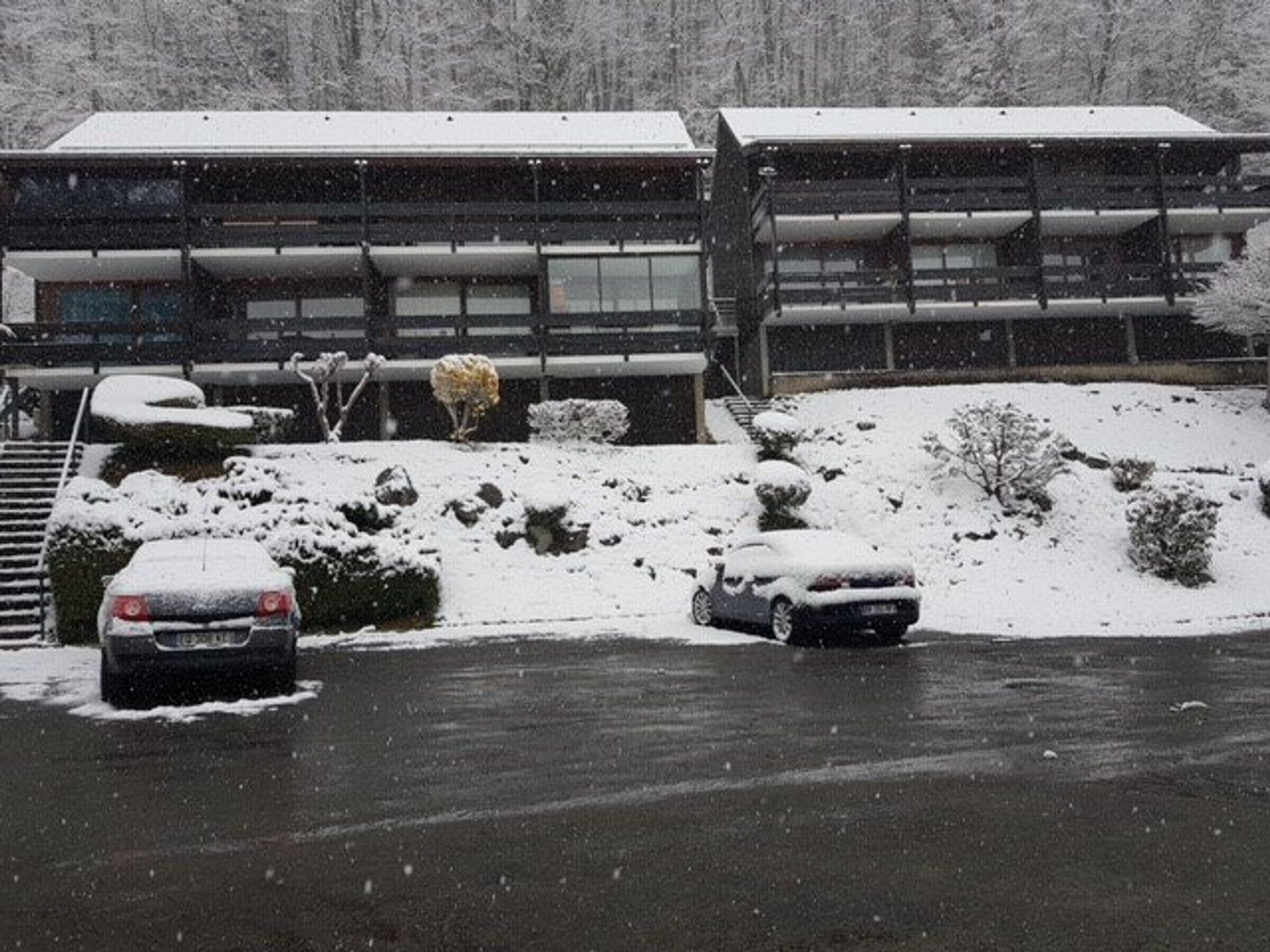 A building with a flat roof and large windows, surrounded by snow-covered ground and parked cars.