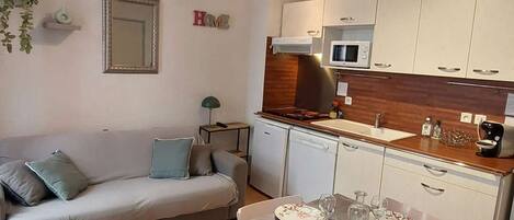 Un espace de vie compact comprenant une kitchenette, un coin repas et un canapé.