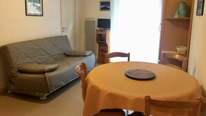 Un salon comprenant un canapé, une table à manger avec des chaises, un téléviseur et une bibliothèque.