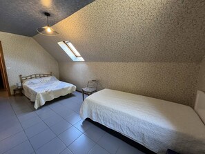 A bedroom with a sloped ceiling, a skylight, a bed, a chair, and a bedside table. - Spacious House in Cauterets: 4 Bedrooms, Garage, No Pets (Cauterets)