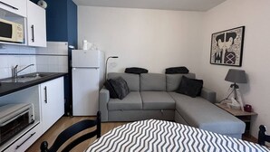 A compact kitchen with a microwave, oven, and sink. A gray sofa with black cushions is positioned against the wall, and a striped rug is on the floor. - Cozy apartment in Cauterets with terrace and ski storage (Cauterets)