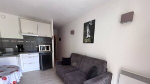 A compact living space with a kitchenette, a grey sofa, a dining table with a floral tablecloth, and a framed picture on the wall.