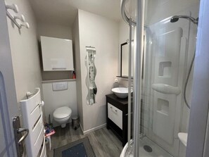 Bathroom features a toilet, sink, and shower area with a glass door.