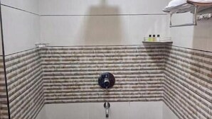 Une petite salle de bain carrelée, équipée d’une douche, de toilettes et d’un lavabo.