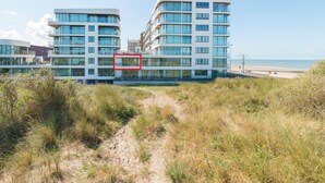 Un edificio moderno de varios pisos, con amplios ventanales y un camino que lleva a la playa.