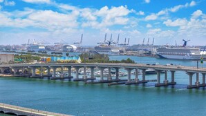 Un port de plaisance où sont amarrés plusieurs navires de croisière, un pont et un ciel d’un bleu limpide.
