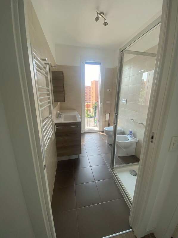 Shower, hair dryer, bidet, towels