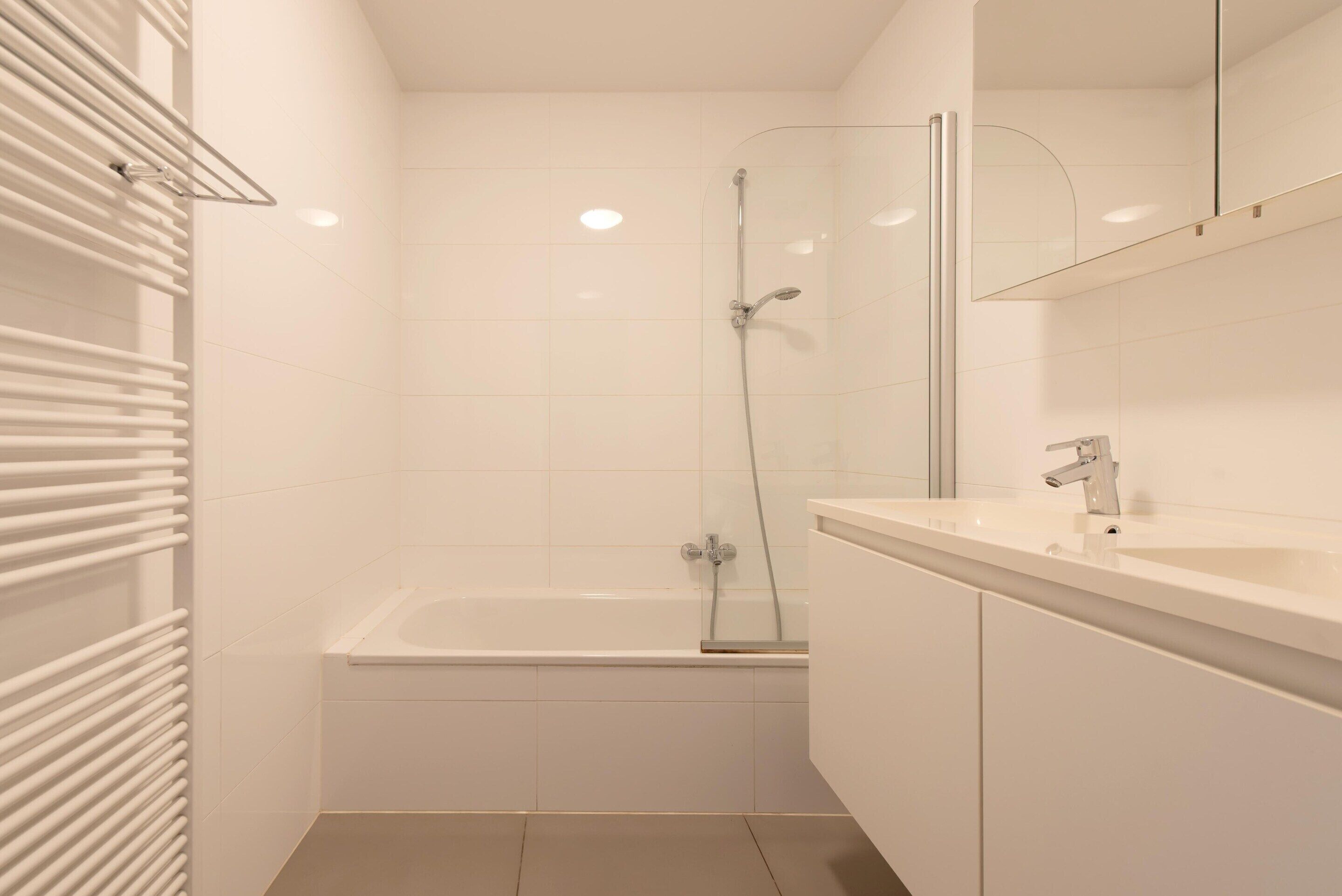 Une salle de bain moderne avec une baignoire, une douche à l’italienne et un meuble-lavabo avec un évier.