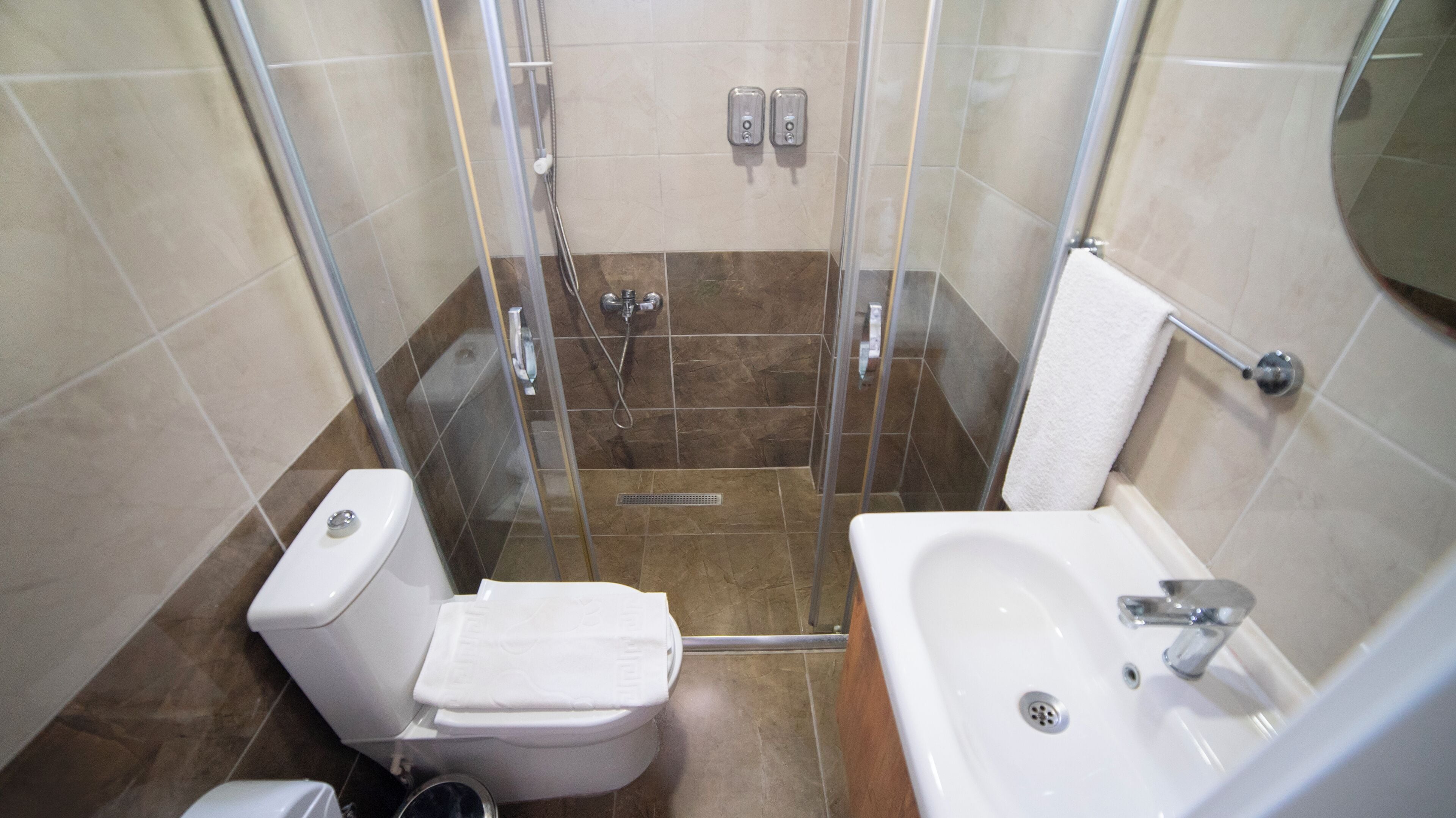 A bathroom with a glass-enclosed shower, a toilet, and a sink with a mirror.