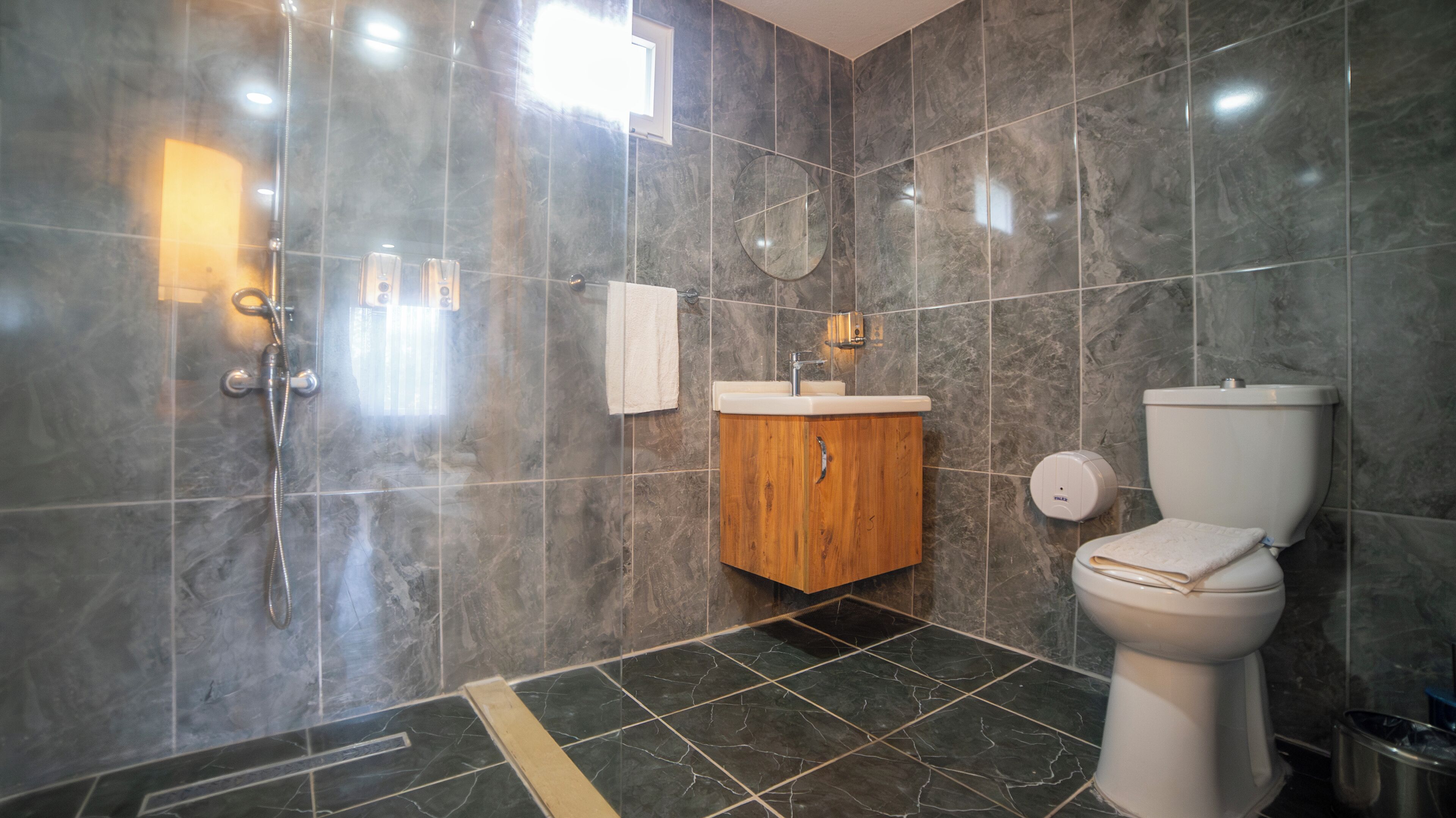 Une salle de bain moderne équipée d’une douche, de toilettes et d’un meuble-lavabo.