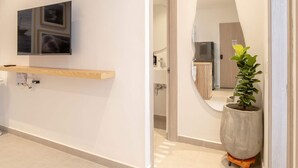 A modern bathroom with a large mirror, a mounted TV, and a potted plant.