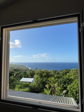 Ventana con vistas a un paisaje costero, que incluye árboles y un edificio de techo inclinado.