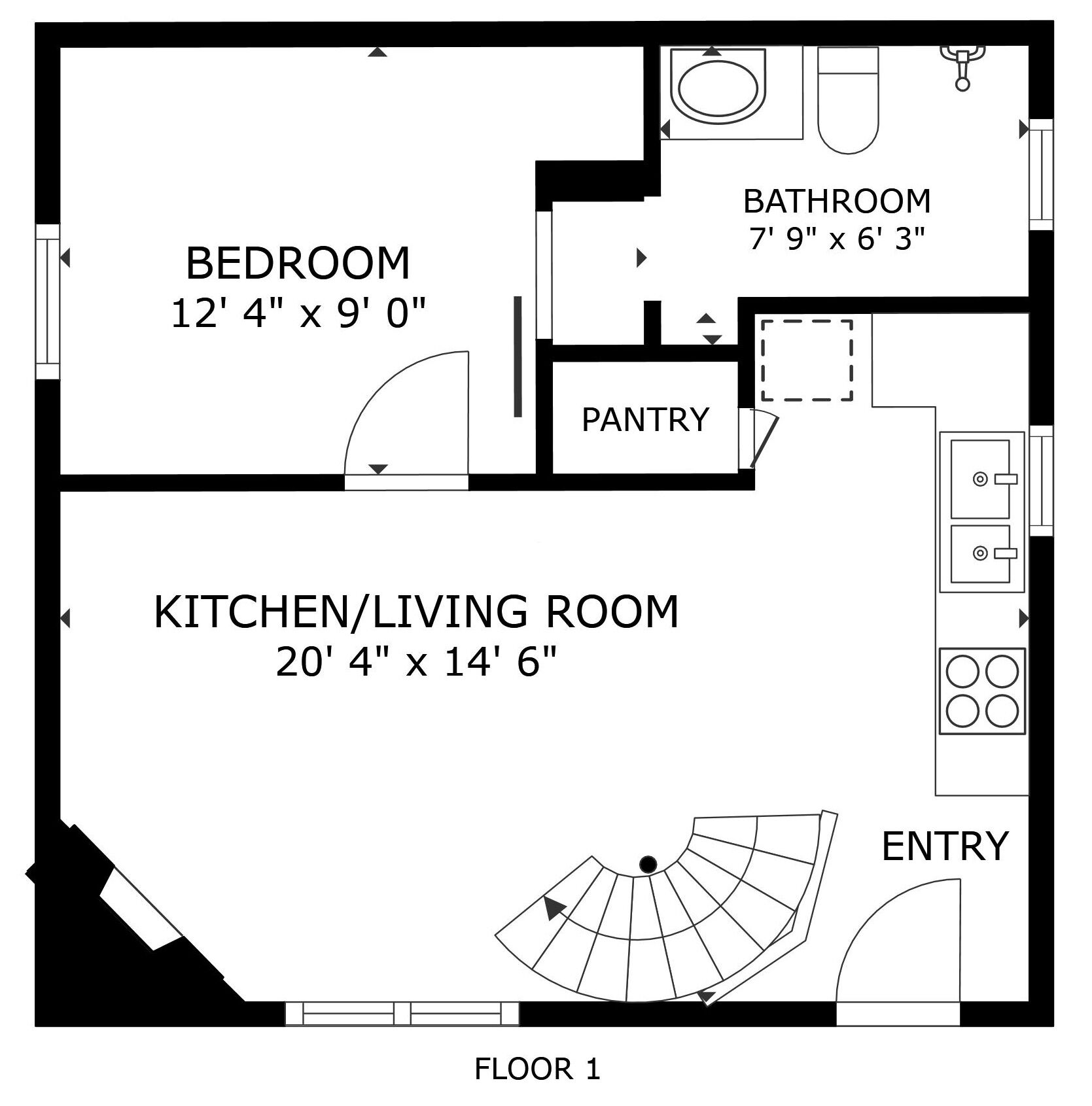 A floor plan of a hotel room with a bedroom, bathroom, kitchen, and entry.