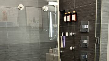 Douche, séchoir à cheveux, serviettes fournies, savon