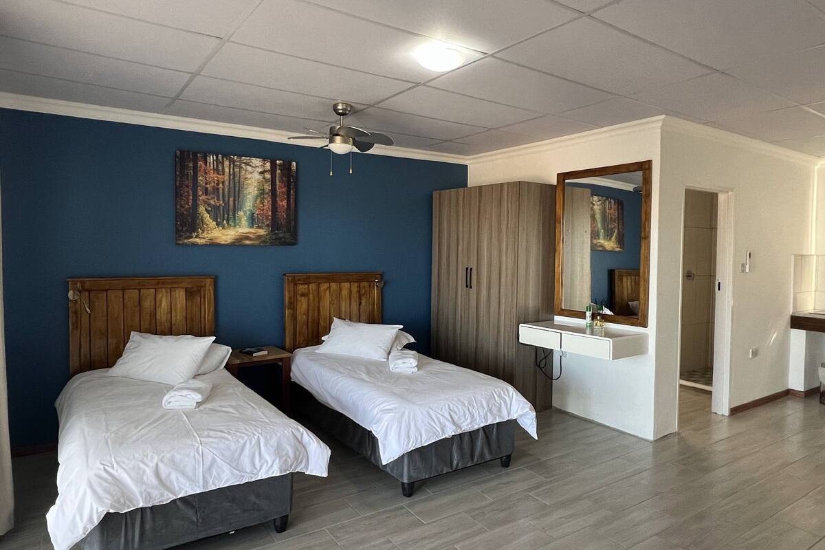 Habitación de hotel con dos camas individuales, ventilador de techo, un cuadro, armario y baño con espejo y lavabo.