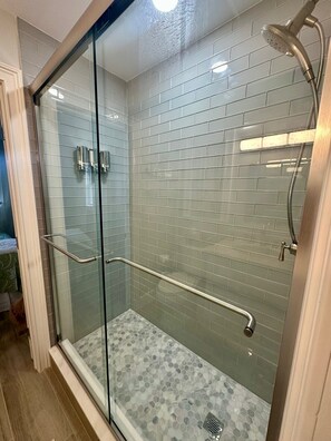 Shower, towels, soap, shampoo