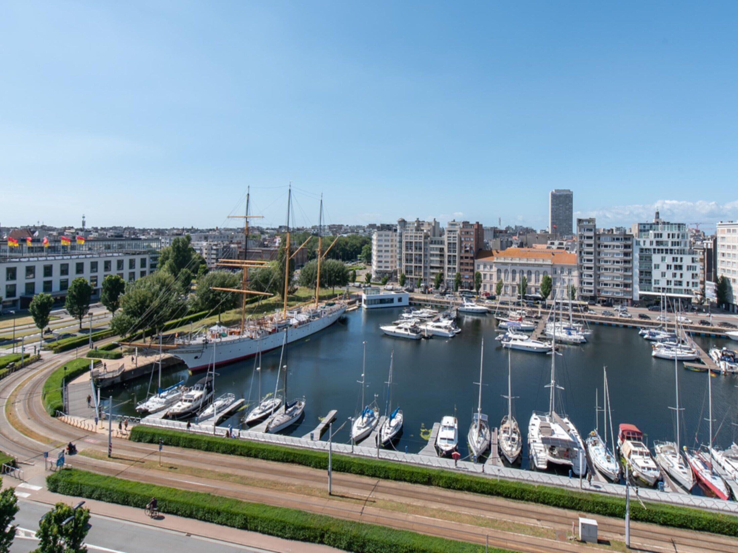Un port de plaisance avec de nombreux bateaux amarrés, un grand navire et une vue sur la ville en arrière-plan.