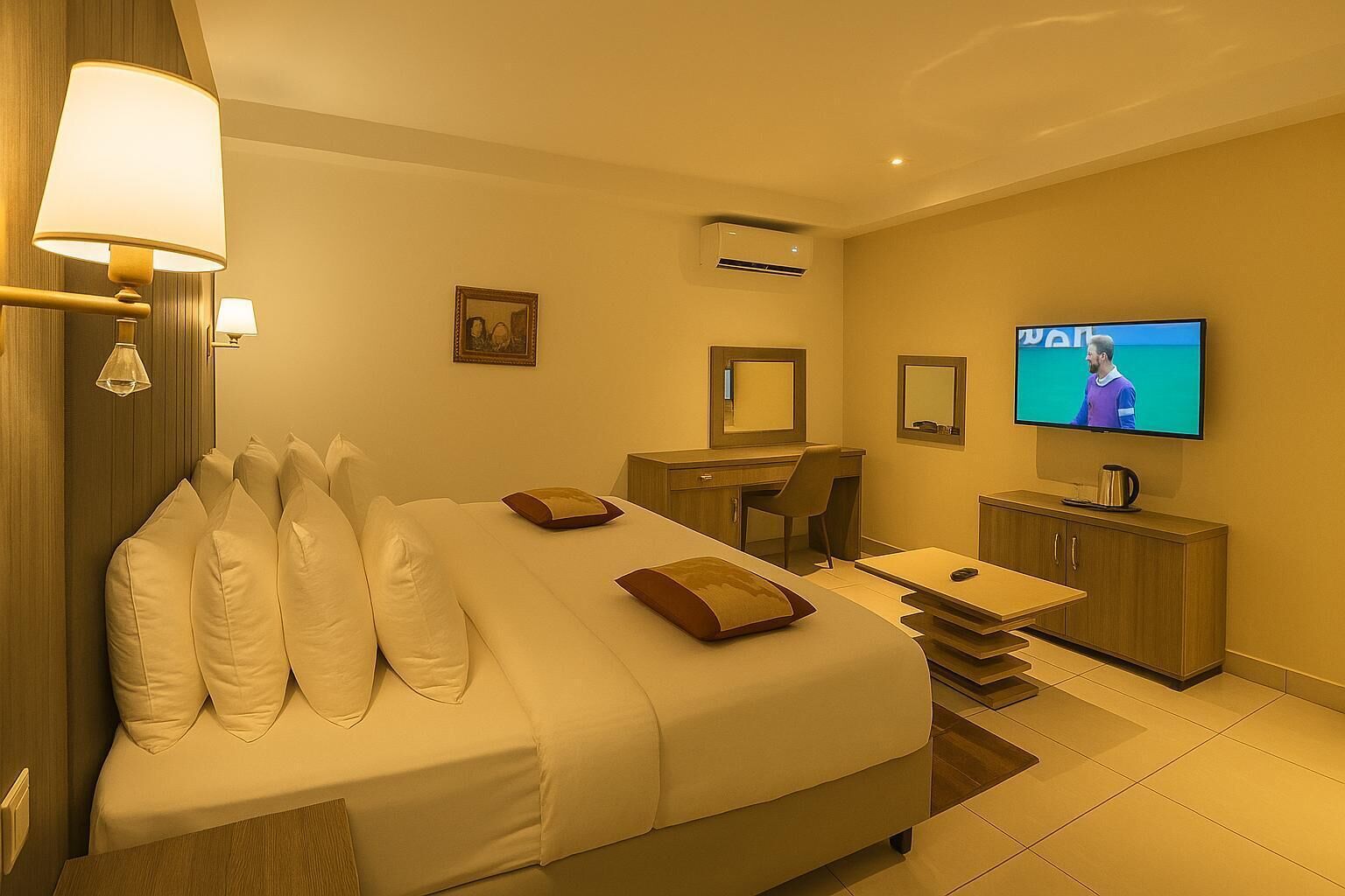 A hotel room with a large bed, a desk, a television, and an air conditioning unit.
