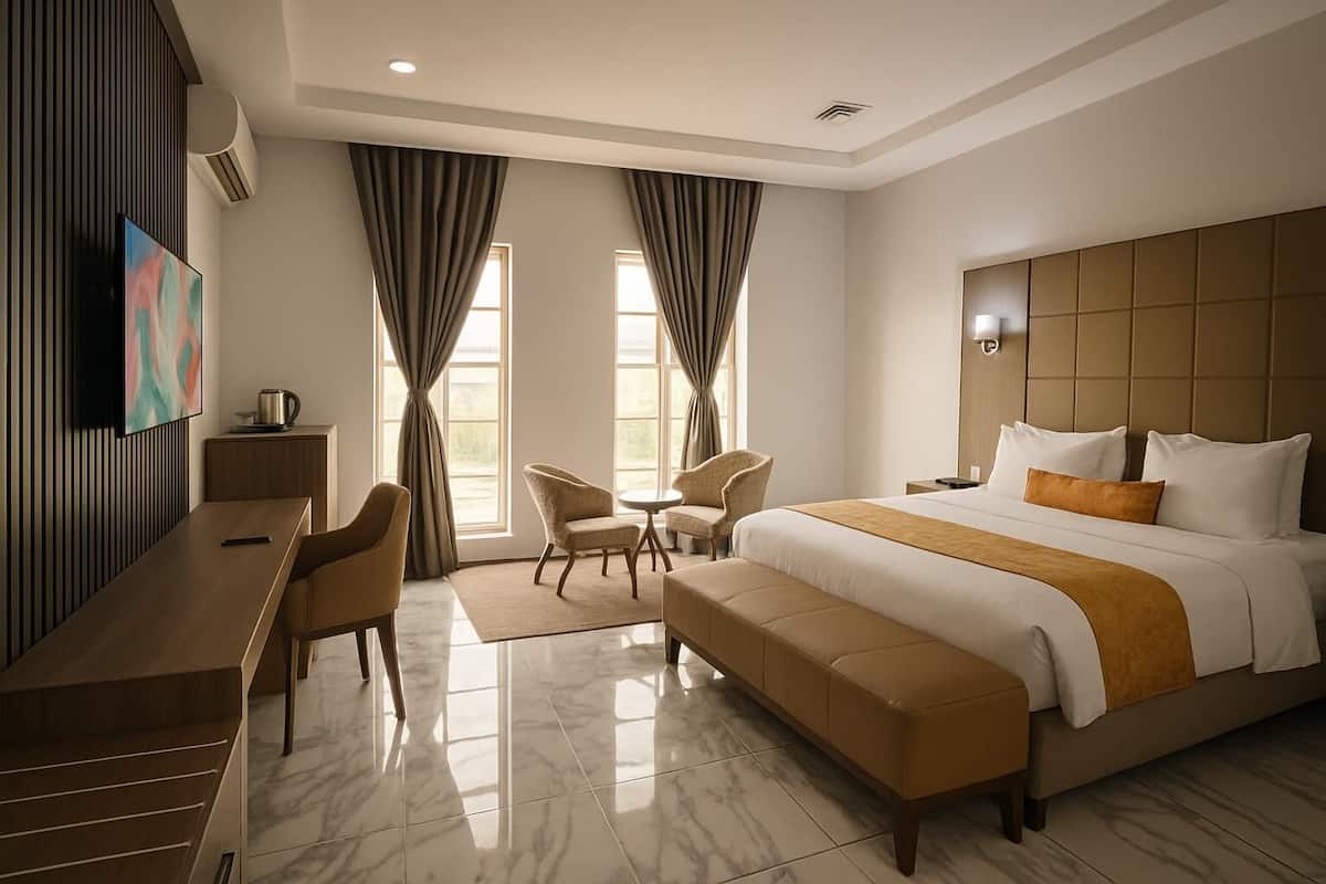 A hotel room with a large bed, a desk, two chairs, a TV, and a window with curtains.