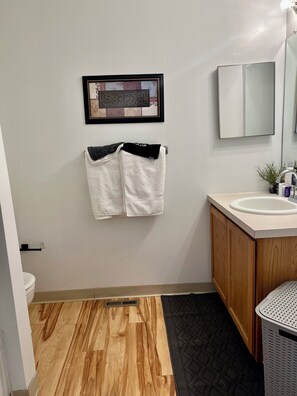 Hair dryer, towels, soap, toilet paper