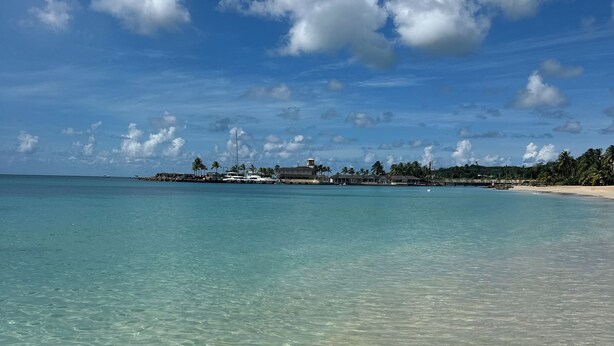 A clear view of a beach with turquoise water, a sandy shore, and a distant shoreline with buildings and palm trees.