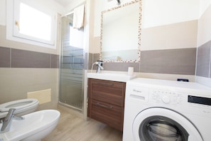 Shower, hair dryer, bidet, towels