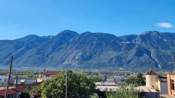A residential area with houses, a fenced yard, and mountains in the background.