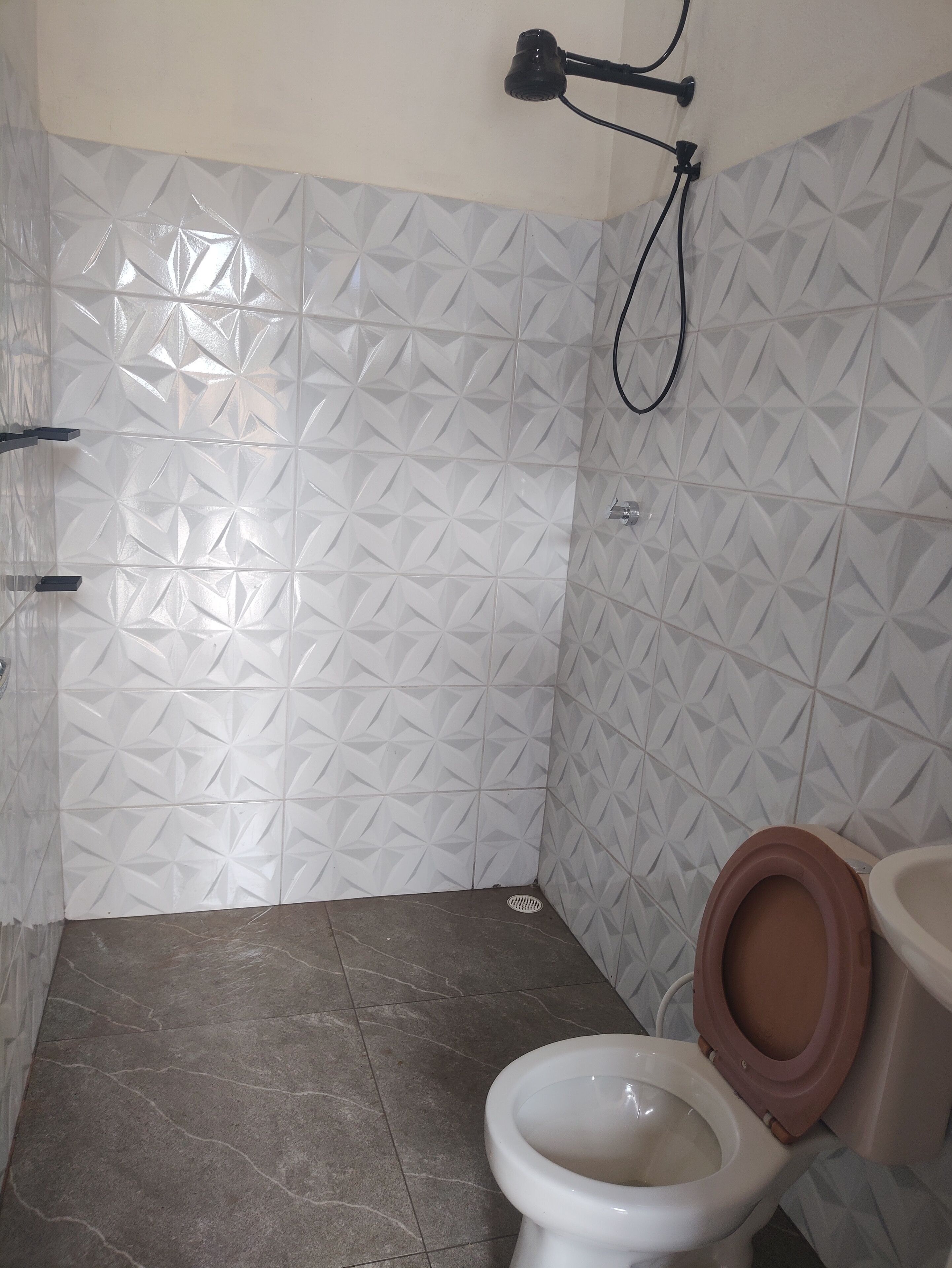 A bathroom with a white toilet, a shower head, and a tiled wall with a geometric pattern.