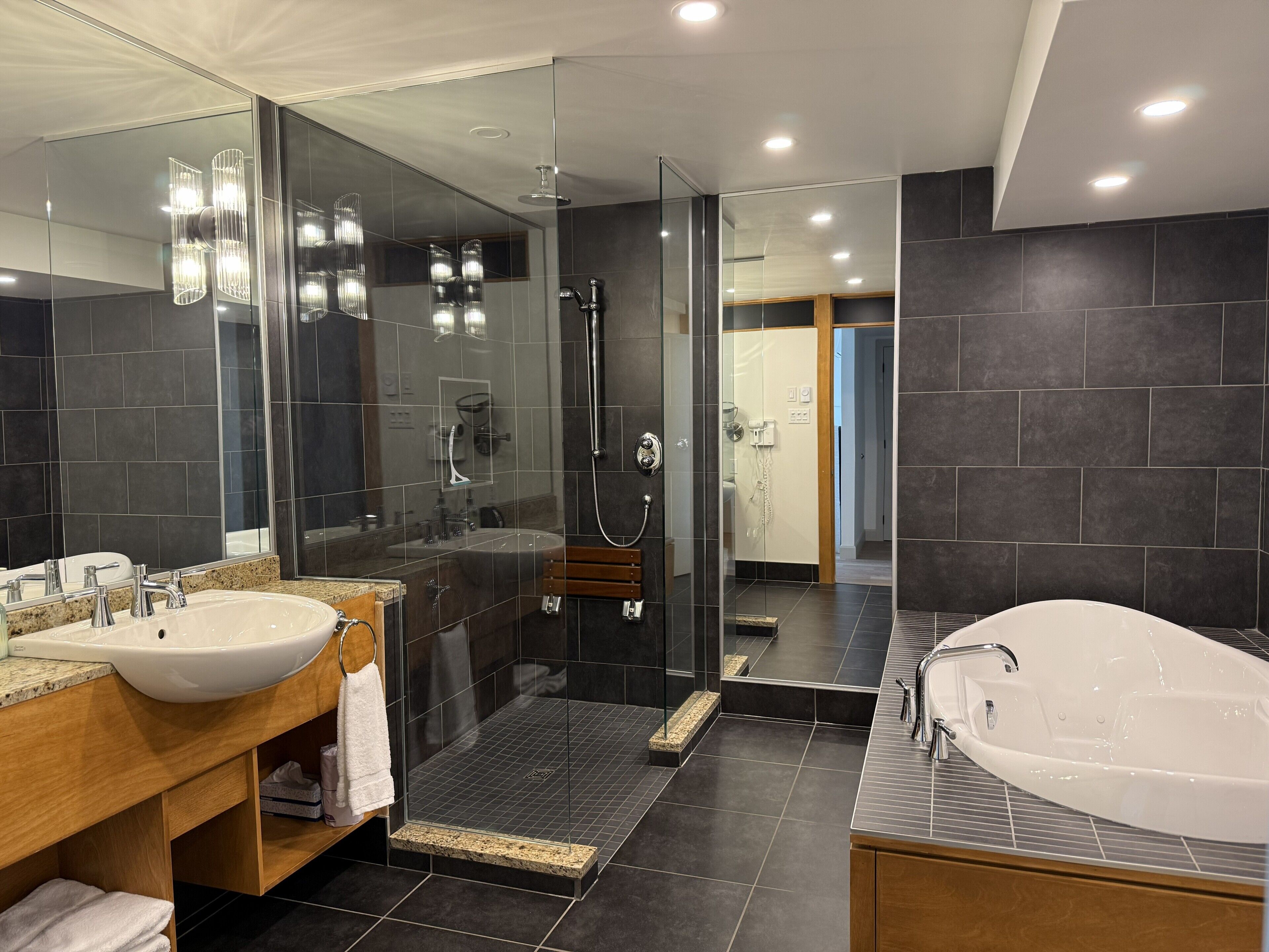 Estudio, 1 cama Queen size, balcón, vista al río | Baño | Secadora de cabello, batas, toallas, papel de baño 