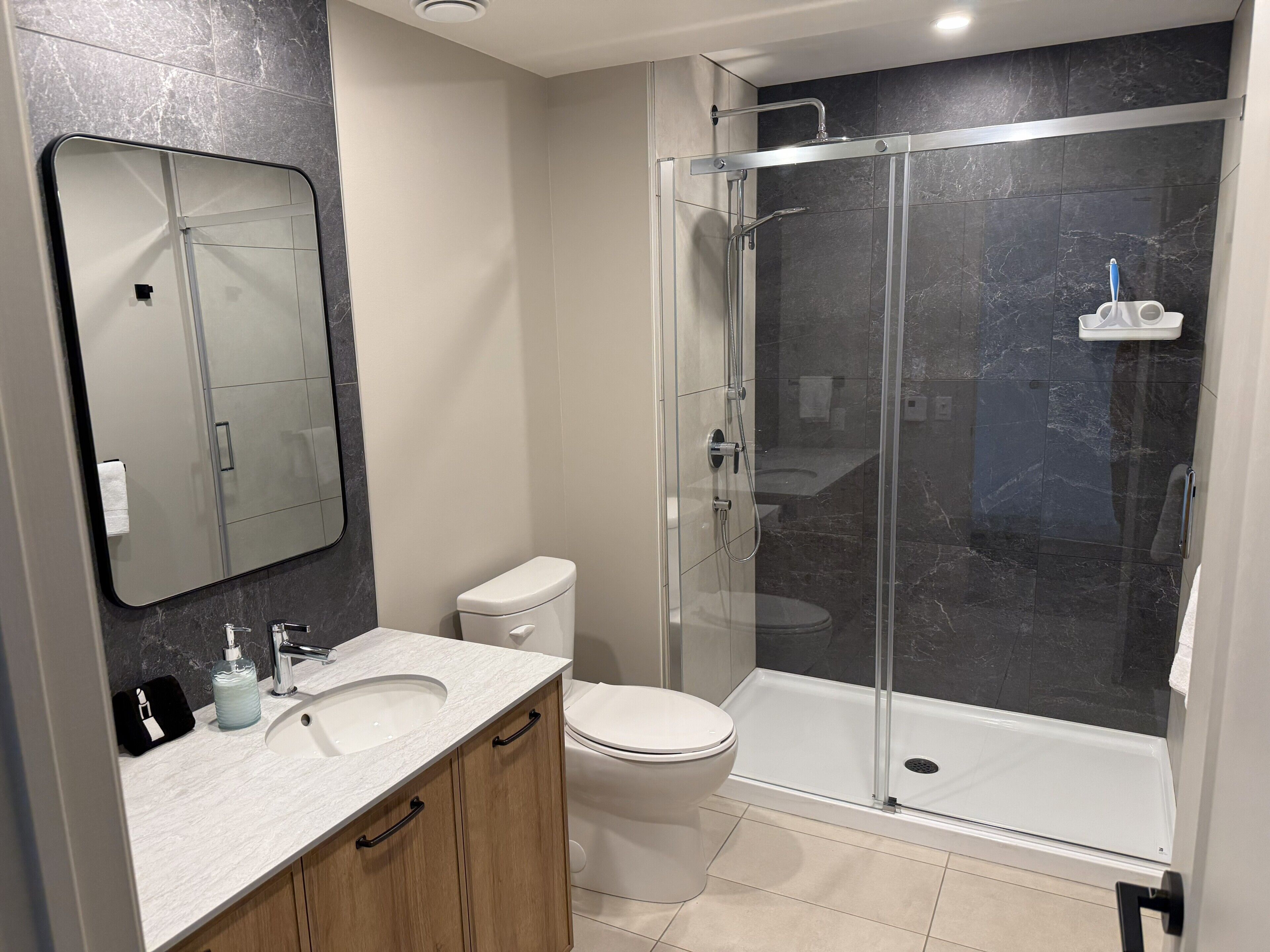 A modern bathroom with a glass-enclosed shower, a white toilet, a sink with a marble countertop, and a large mirror.